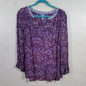 04110 One September burgundy, purple & aqua floral blouse L
